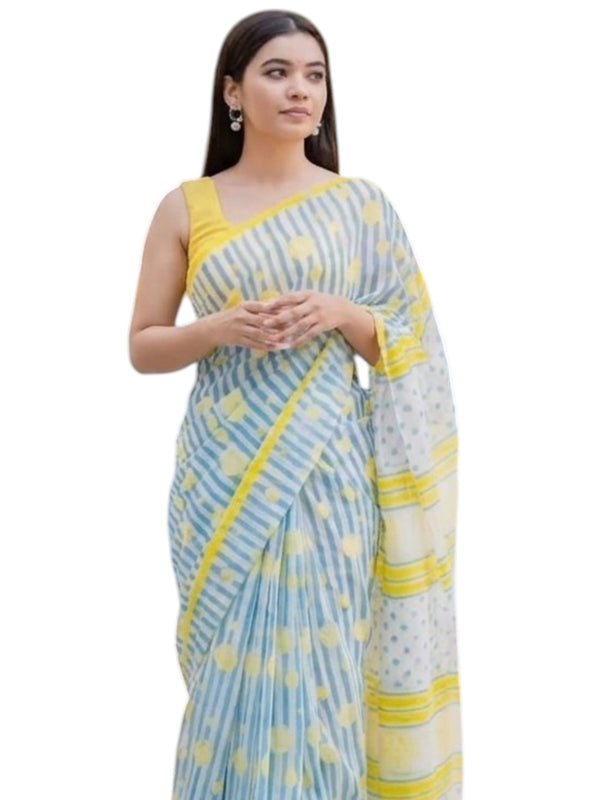 Premium Floral Printed Linen Cotton Saree - Multi | Daily Wear & Festive Wear