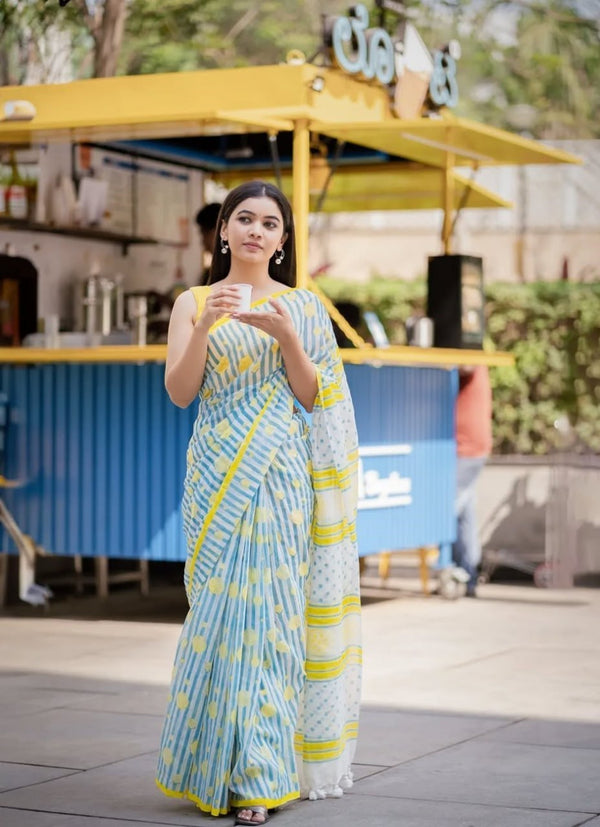 Premium Floral Printed Linen Cotton Saree - Multi | Daily Wear & Festive Wear