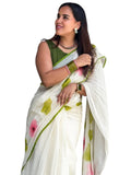 Premium Floral Printed Linen Cotton Saree - White | Daily Wear & Festive Wear