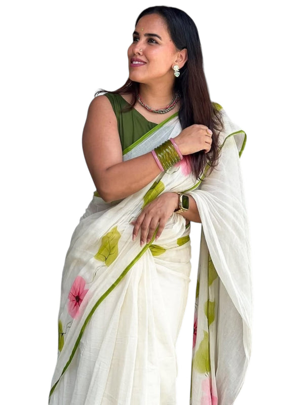 Premium Floral Printed Linen Cotton Saree - White | Daily Wear & Festive Wear