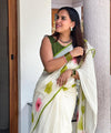 Premium Floral Printed Linen Cotton Saree - White | Daily Wear & Festive Wear