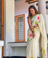 Premium Floral Printed Linen Cotton Saree - White | Daily Wear & Festive Wear