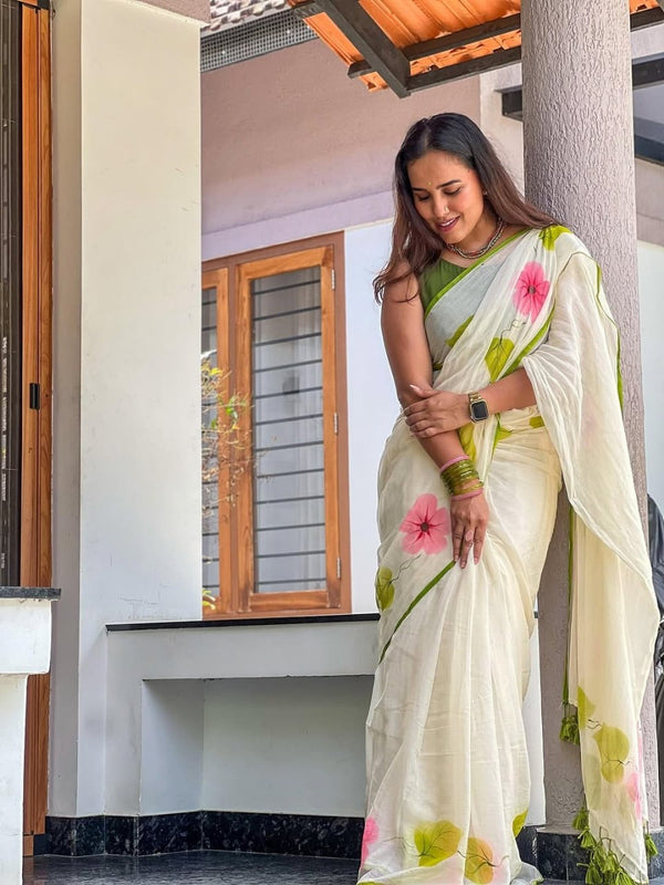 Premium Floral Printed Linen Cotton Saree - White | Daily Wear & Festive Wear