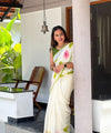 Premium Floral Printed Linen Cotton Saree - White | Daily Wear & Festive Wear