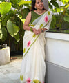Premium Floral Printed Linen Cotton Saree - White | Daily Wear & Festive Wear