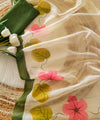 Premium Floral Printed Linen Cotton Saree - White | Daily Wear & Festive Wear