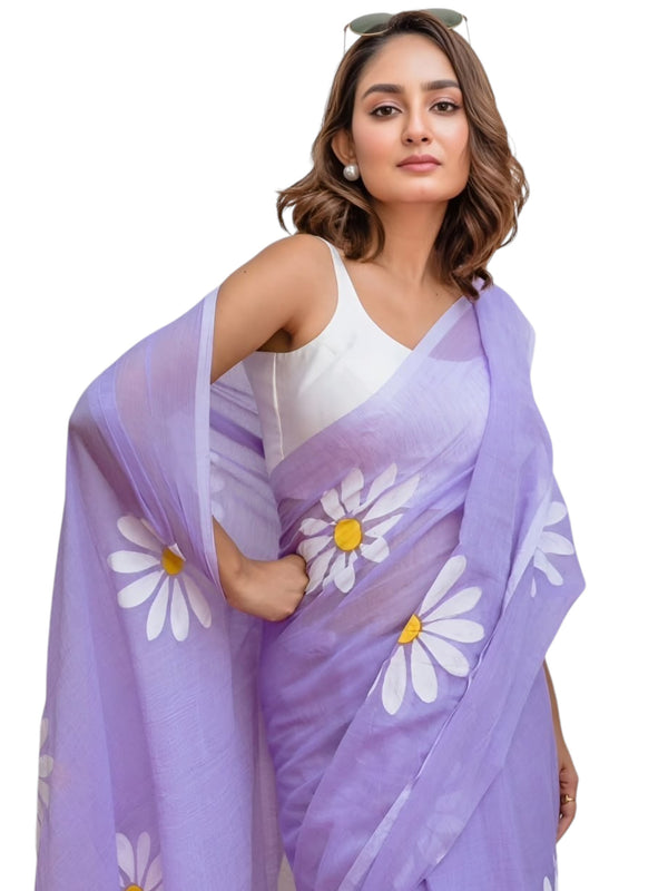 Premium Lavender Linen Cotton Saree with Daisy Floral Print | Daily Wear & Festive Wear