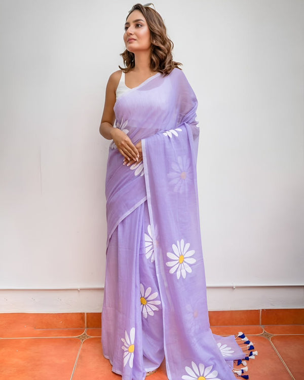Premium Lavender Linen Cotton Saree with Daisy Floral Print | Daily Wear & Festive Wear