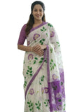 Premium Linen Cotton Floral Saree - White | Daily Wear & Festive Wear