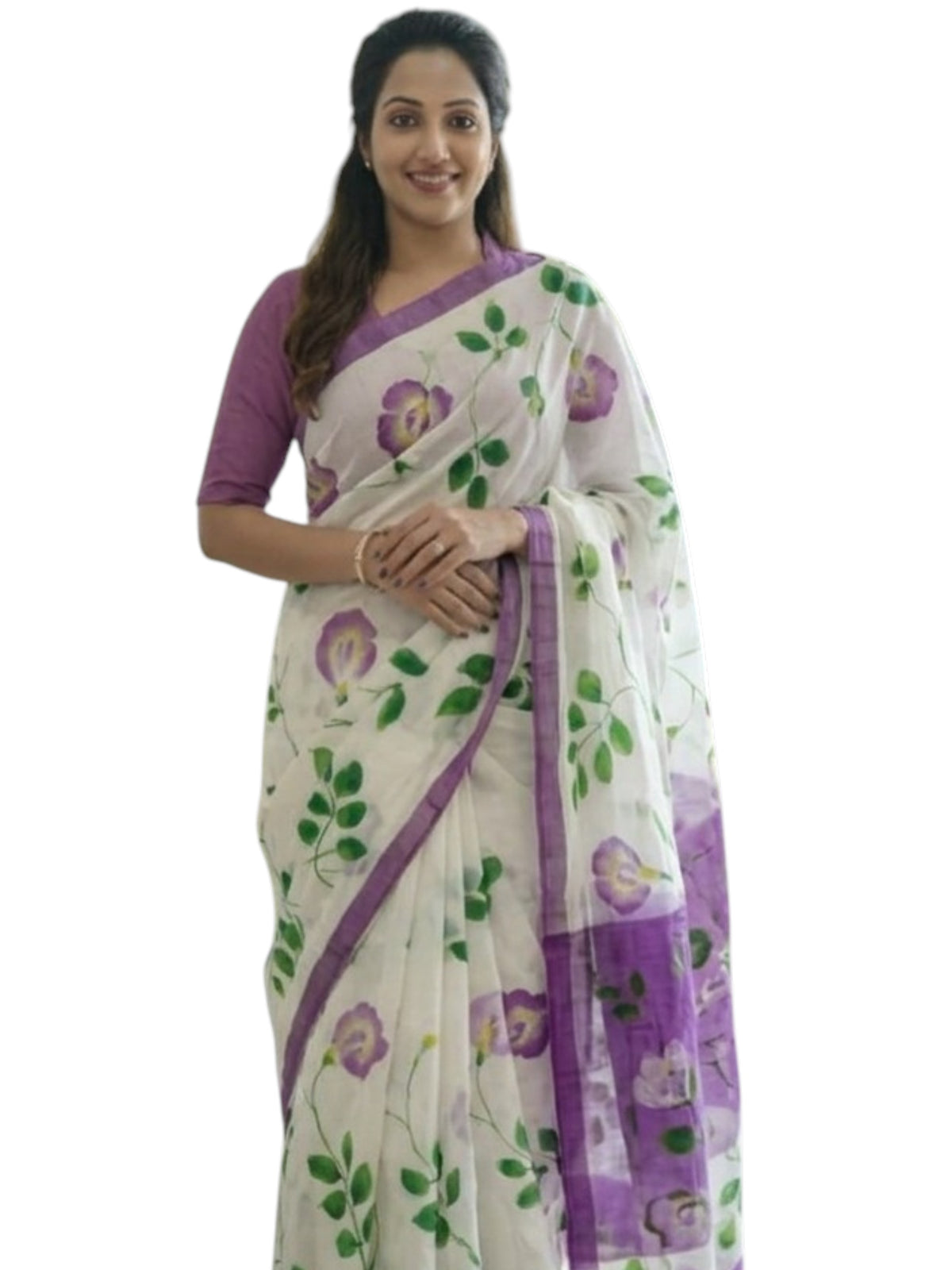 Premium Linen Cotton Floral Saree - White | Daily Wear & Festive Wear