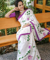 Premium Linen Cotton Floral Saree - White | Daily Wear & Festive Wear