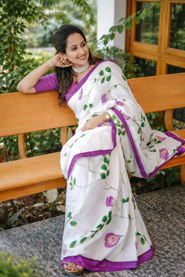 Premium Linen Cotton Floral Saree - White | Daily Wear & Festive Wear
