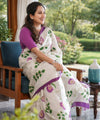Premium Linen Cotton Floral Saree - White | Daily Wear & Festive Wear