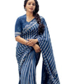 Premium Linen Cotton Indigo Striped Saree with Floral Borders - Blue | Daily Wear & Festive Wear
