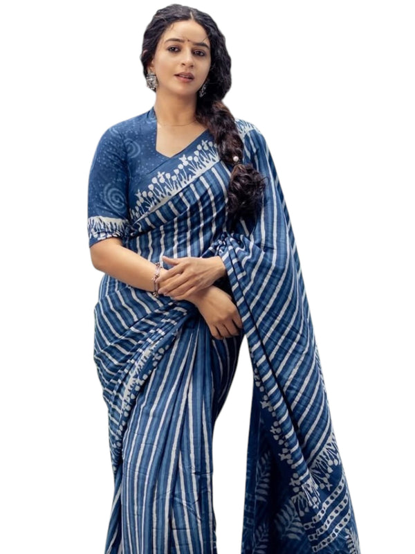 Premium Linen Cotton Indigo Striped Saree with Floral Borders - Blue | Daily Wear & Festive Wear