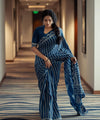 Premium Linen Cotton Indigo Striped Saree with Floral Borders - Blue | Daily Wear & Festive Wear