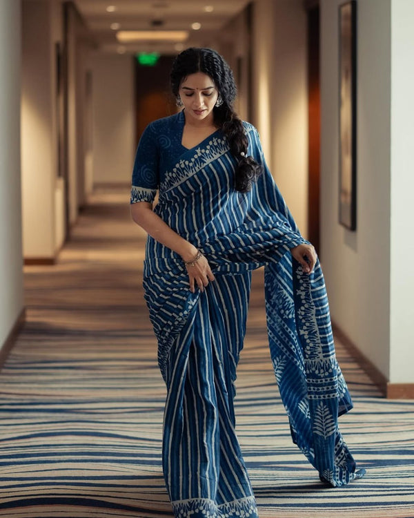Premium Linen Cotton Indigo Striped Saree with Floral Borders - Blue | Daily Wear & Festive Wear