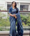 Premium Linen Cotton Indigo Striped Saree with Floral Borders - Blue | Daily Wear & Festive Wear