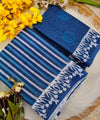 Premium Linen Cotton Indigo Striped Saree with Floral Borders - Blue | Daily Wear & Festive Wear