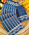 Premium Linen Cotton Indigo Striped Saree with Floral Borders - Blue | Daily Wear & Festive Wear