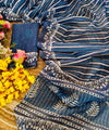 Premium Linen Cotton Indigo Striped Saree with Floral Borders - Blue | Daily Wear & Festive Wear