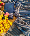 Premium Linen Cotton Indigo Striped Saree with Floral Borders - Blue | Daily Wear & Festive Wear
