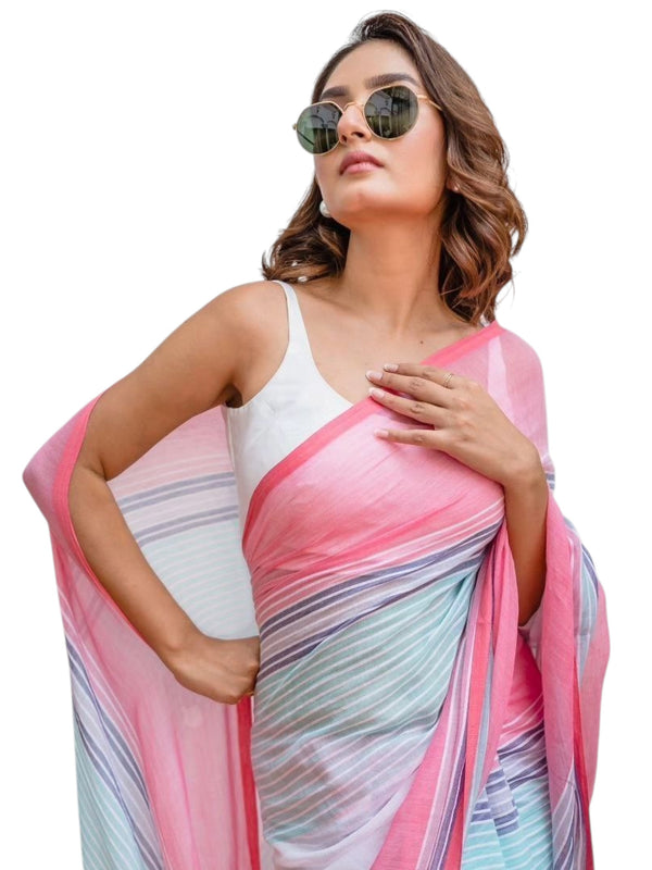 Premium Linen Cotton Multicolored Striped Saree | Daily Wear & Festive Wear