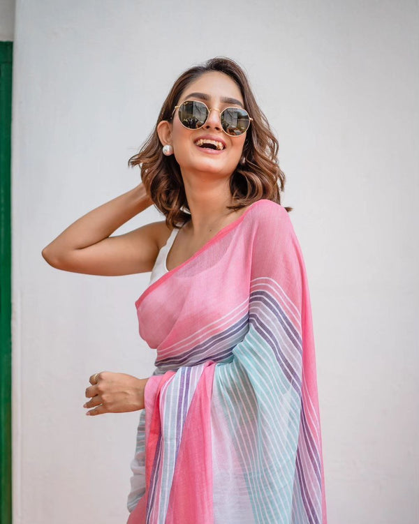Premium Linen Cotton Multicolored Striped Saree | Daily Wear & Festive Wear