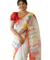 Premium Linen Cotton Printed Saree - White | Daily Wear & Festive Wear