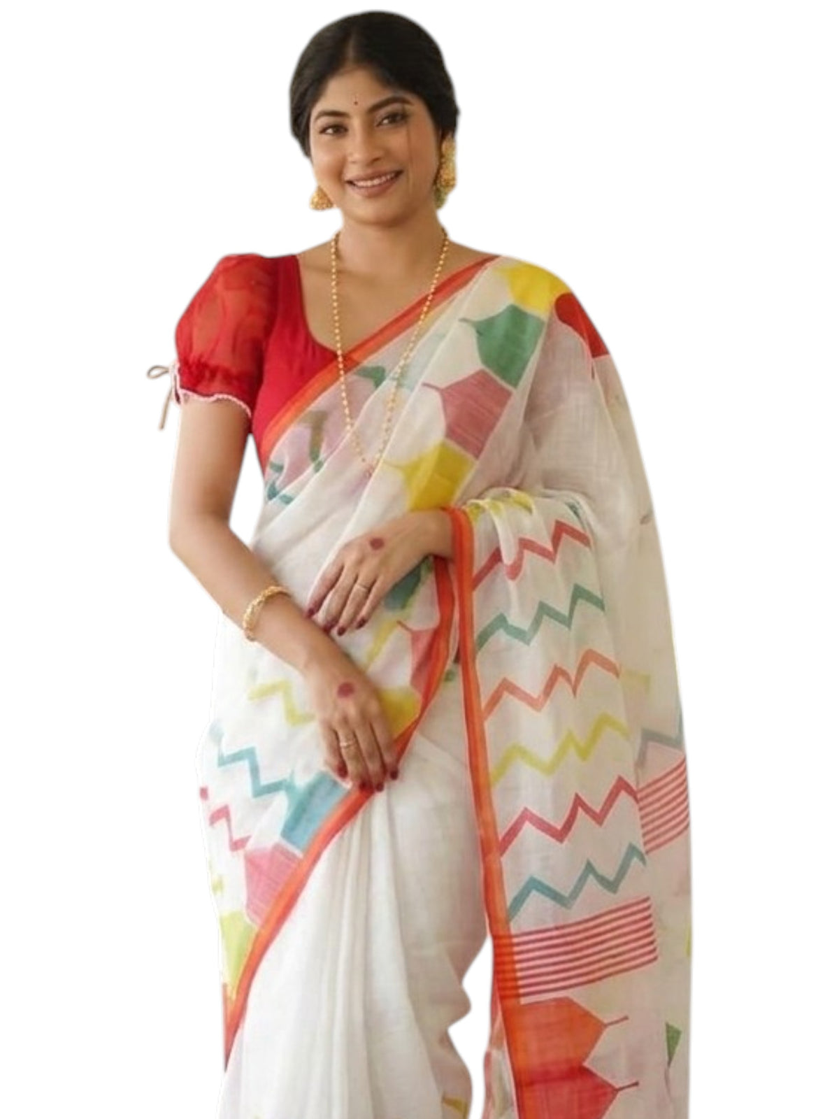 Premium Linen Cotton Printed Saree - White | Daily Wear & Festive Wear