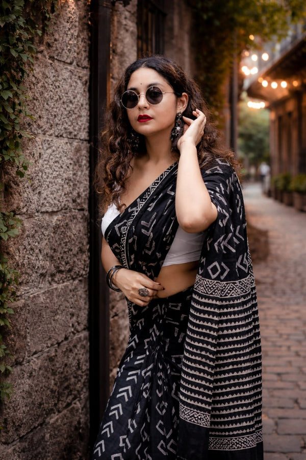 Premium Linen Cotton Saree - Black | Daily Wear & Festive Wear