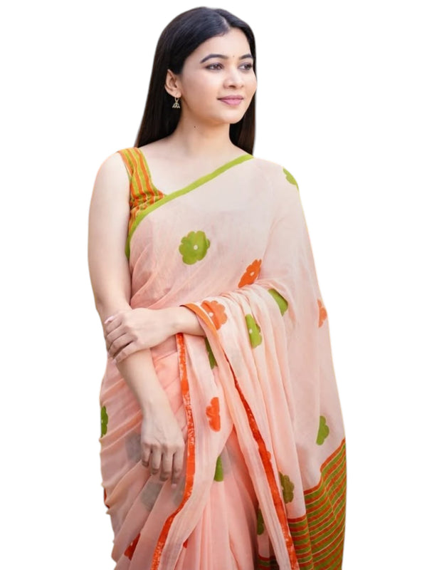 Premium Linen Cotton Saree - Peach | Daily Wear & Festive Wear
