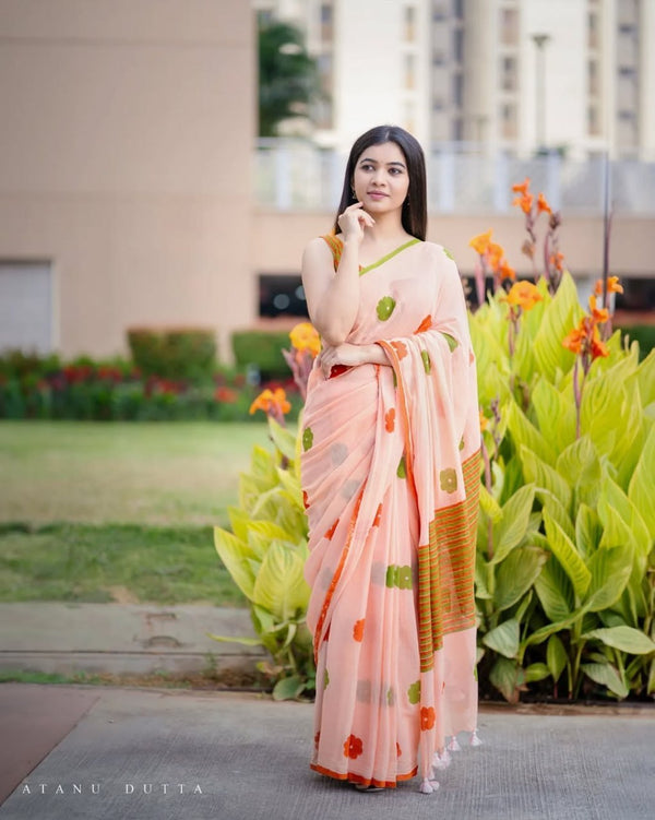 Premium Linen Cotton Saree - Peach | Daily Wear & Festive Wear