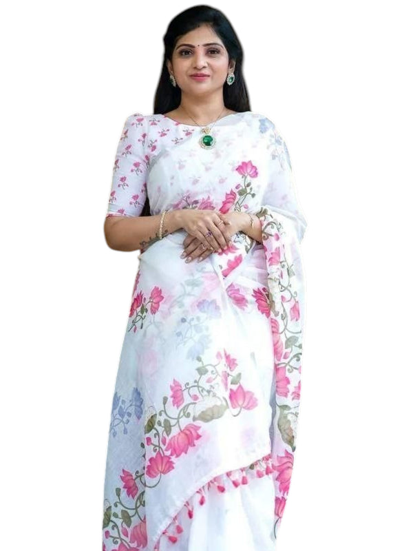 Premium Linen Cotton Saree - White | Daily Wear & Festive Wear