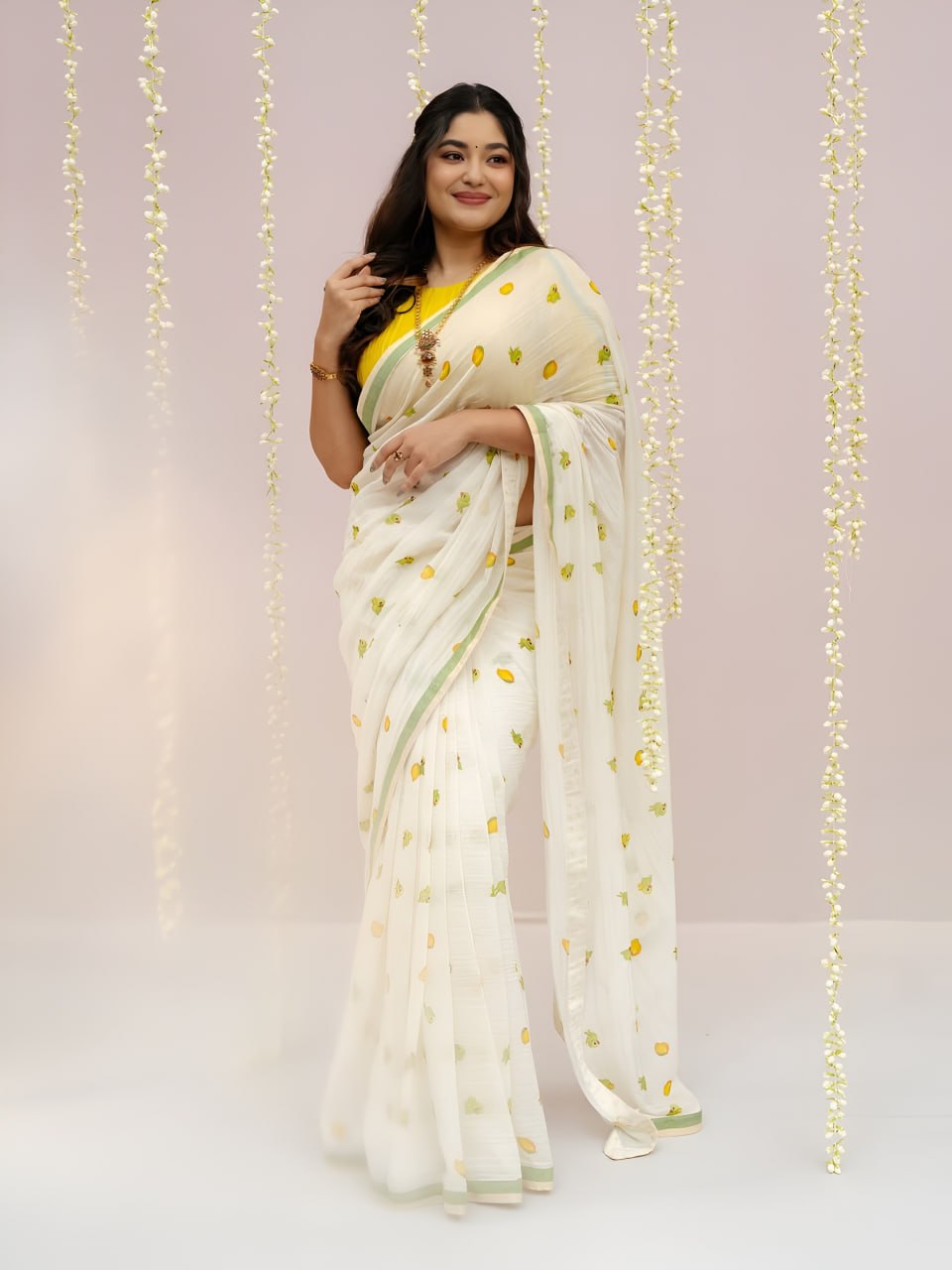 Premium Linen Cotton Saree - White | Daily Wear & Festive Wear