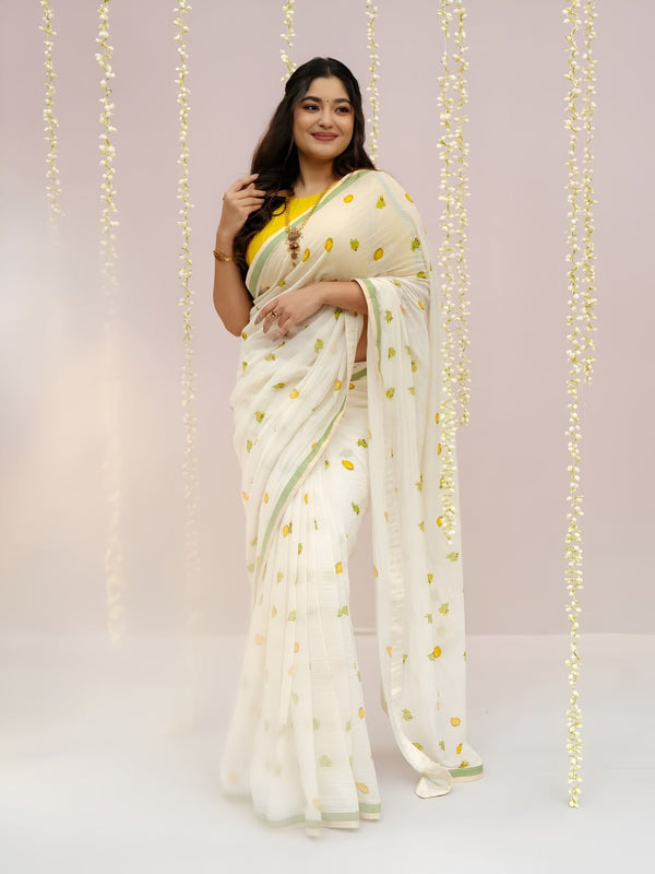 Premium Linen Cotton Saree - White | Daily Wear & Festive Wear