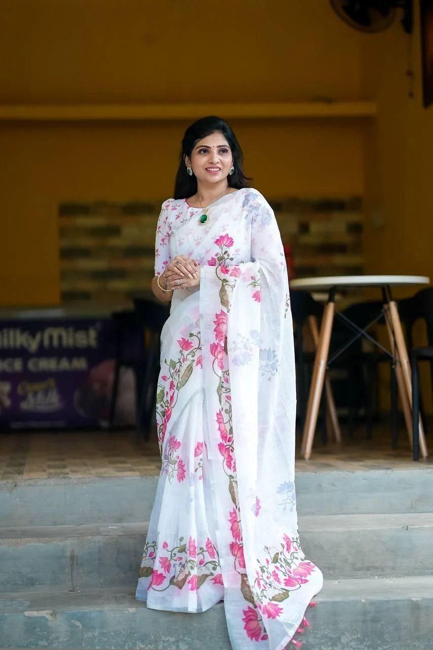Premium Linen Cotton Saree - White | Daily Wear & Festive Wear