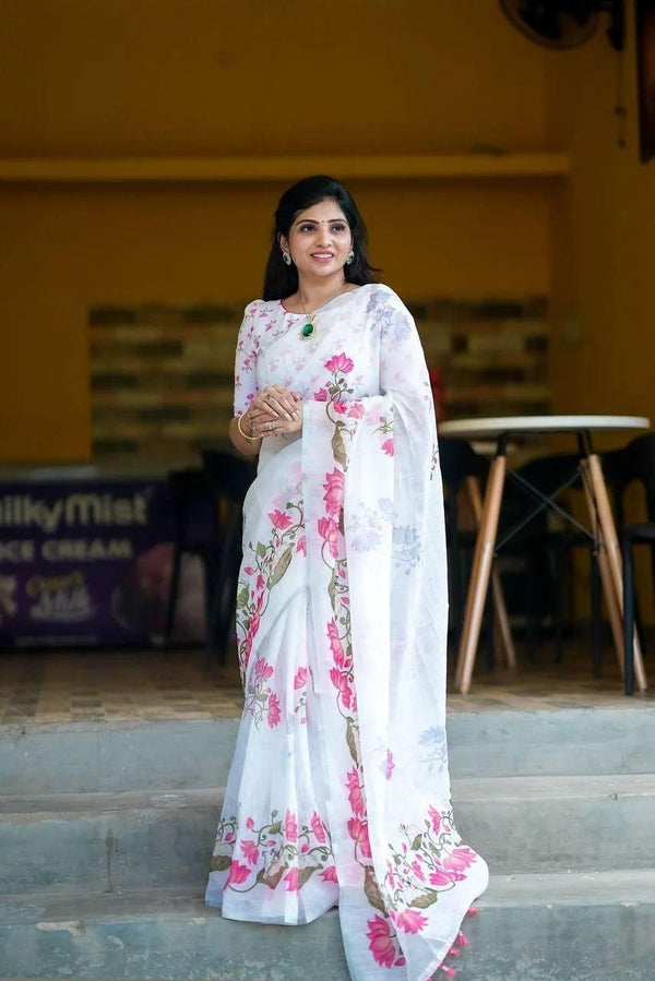 Premium Linen Cotton Saree - White | Daily Wear & Festive Wear