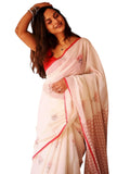 Premium Linen Cotton Saree with Contemporary Prints - White | Daily Wear & Festive Wear