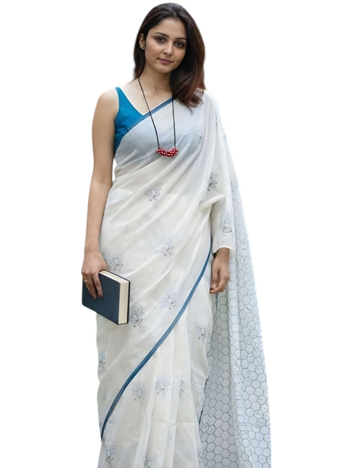 Premium Linen Cotton Saree with Contemporary Prints - White | Daily Wear & Festive Wear