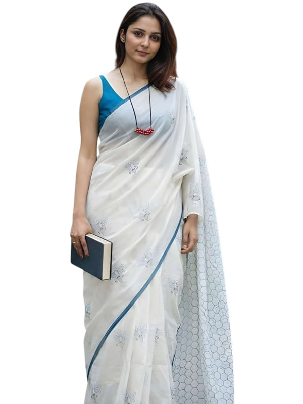 Premium Linen Cotton Saree with Contemporary Prints - White | Daily Wear & Festive Wear