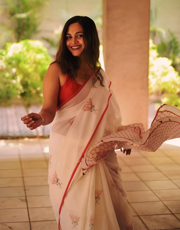 Premium Linen Cotton Saree with Contemporary Prints - White | Daily Wear & Festive Wear