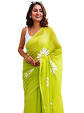 Premium Linen Cotton Saree with Daisy Floral Print - Green | Daily Wear & Festive Wear