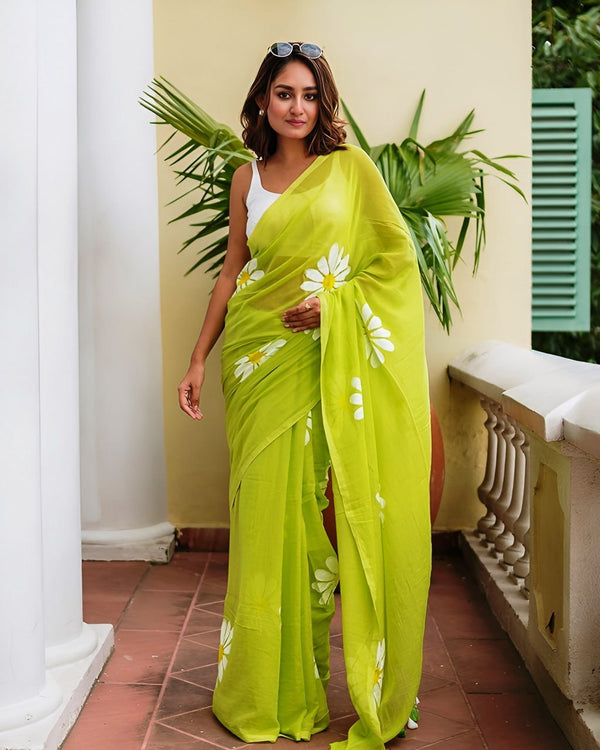 Premium Linen Cotton Saree with Daisy Floral Print - Green | Daily Wear & Festive Wear