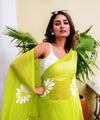 Premium Linen Cotton Saree with Daisy Floral Print - Green | Daily Wear & Festive Wear