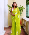 Premium Linen Cotton Saree with Daisy Floral Print - Green | Daily Wear & Festive Wear