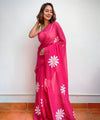 Premium Linen Cotton Saree with Daisy Floral Print - Pink | Daily Wear & Festive Wear