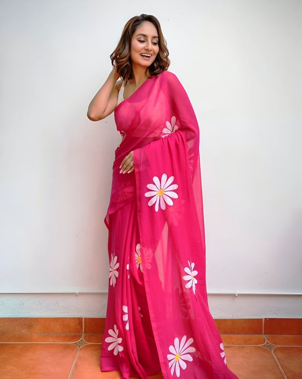 Premium Linen Cotton Saree with Daisy Floral Print - Pink | Daily Wear & Festive Wear