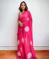 Premium Linen Cotton Saree with Daisy Floral Print - Pink | Daily Wear & Festive Wear