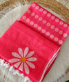 Premium Linen Cotton Saree with Daisy Floral Print - Pink | Daily Wear & Festive Wear